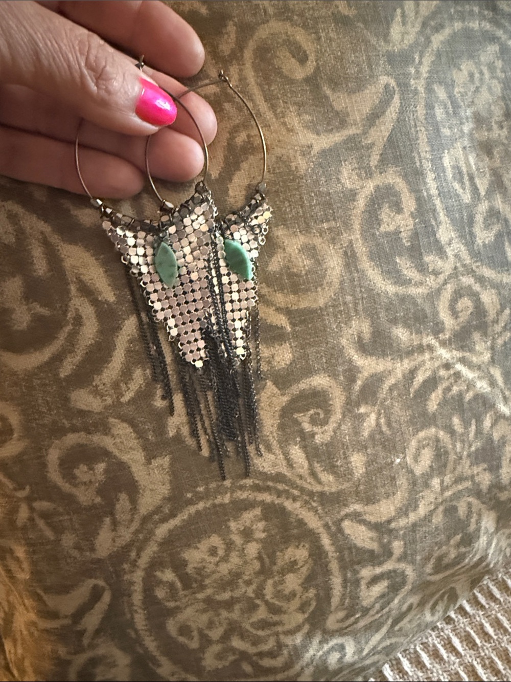 Free People Silver Sequin Fringe Hoop Earrings with Mint Accent